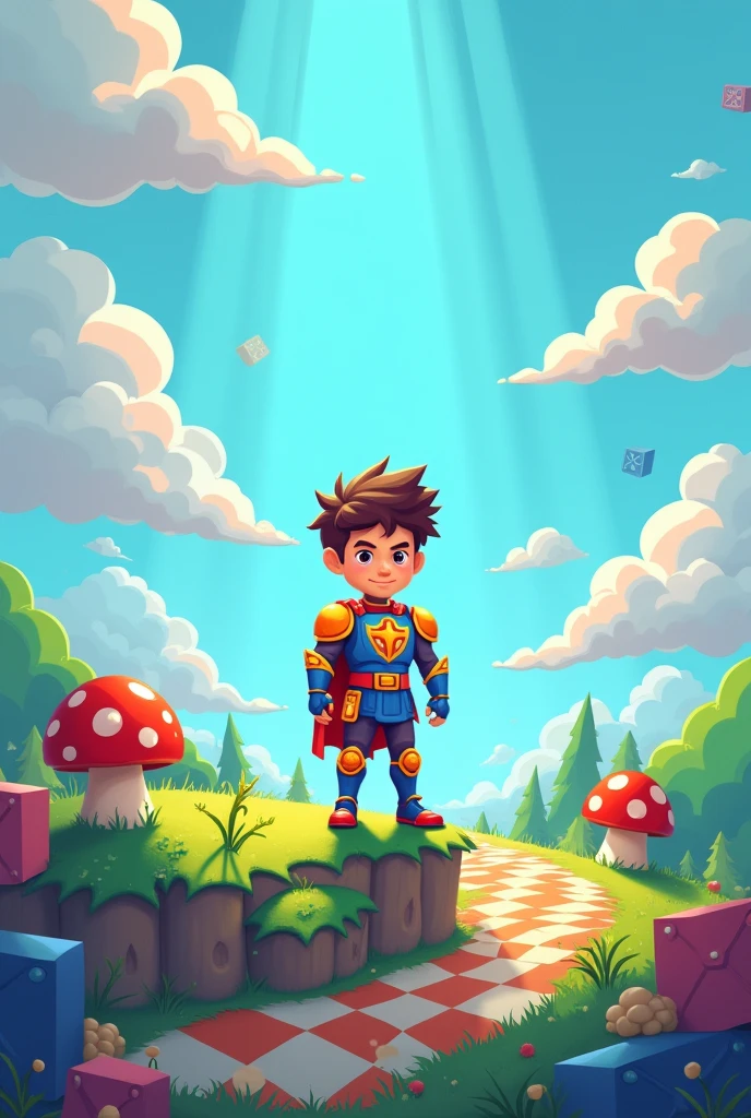 Generate an image with a light blue background called The Kingdom of Games