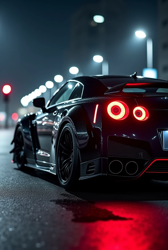 4k picture of a nissan gtr car at night up close and slightly tilted upward on the back lights slighty closer