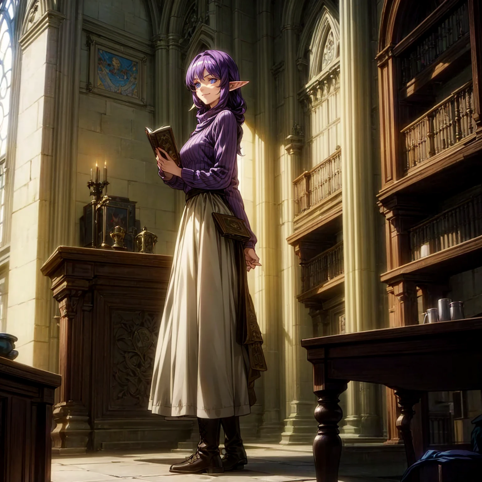 Solo character, full body version, old girl, (elf), blue eyes, purple color hair, long Curly haircut, His hair covered his eyes, brown sweater, black long skirt, boots, indoor, library, Castle, medieval, detailed background, detailed clothing, detailed hair, standing gesture, (Hunter x Hunter style art), smile mouth, book in hand, medium breast 