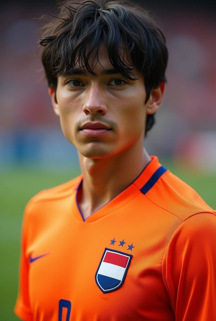 Draw a very handsome young man 18 years old with a Dutch which is dominated by Dutch look, face with the following characteristics: jet black hair with a middle part with thin bangs, bright brown eyes that radiate intelligence and calmness and coldness, and white skin like european and strong Physique. Draw him wearing the Dutch Orange jersey, complete with the official design and back number. His body should look well-trained, highlighting strong and flexible muscles. Show a confident and humble expression, as if he is preparing to compete on the field. Focus on the details of the face and the elements of the jersey to create a realistic and dynamic look."