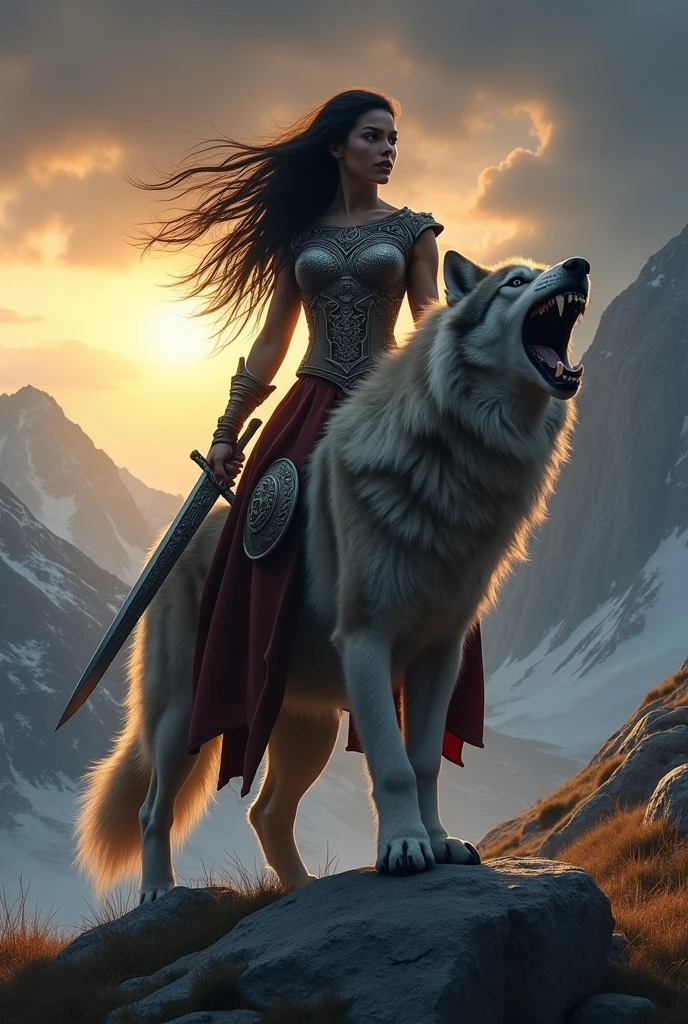 Nordic woman with black hair, wearing a corseted armor and a Valkyrie skirt, holding a sword and shield, mounted on a giant angry wolf, in the mountains at sunset