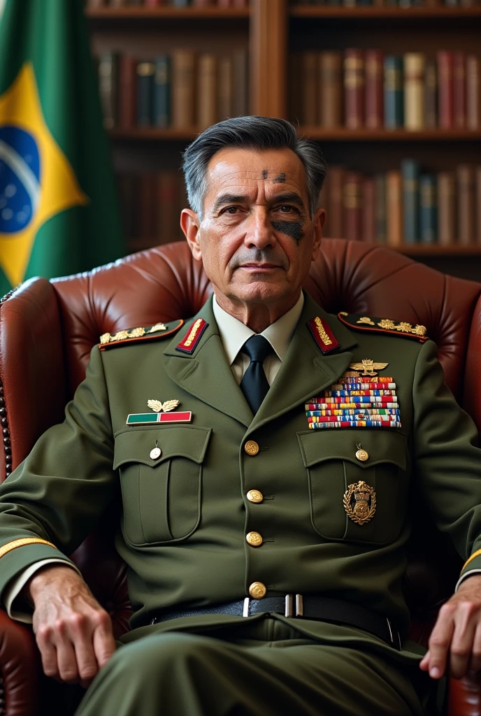 A realistic and detailed portrait of a Brazilian Army Colonel in his 40s, with black and gray hair on the sides, and a scar crossing the eye. He is wearing a high-ranking olive green uniform of the Brazilian Army officer, adorned with medals and decorations. The background features an office of the Brazilian Army, with books and Brazilian flags, integralists and fascist, He is a realistic coat of arms, which contributes to the atmosphere of authority and respect. The veteran is sitting in a comfortable armchair, exuding wisdom and strength, and looking like a respected and esteemed leader