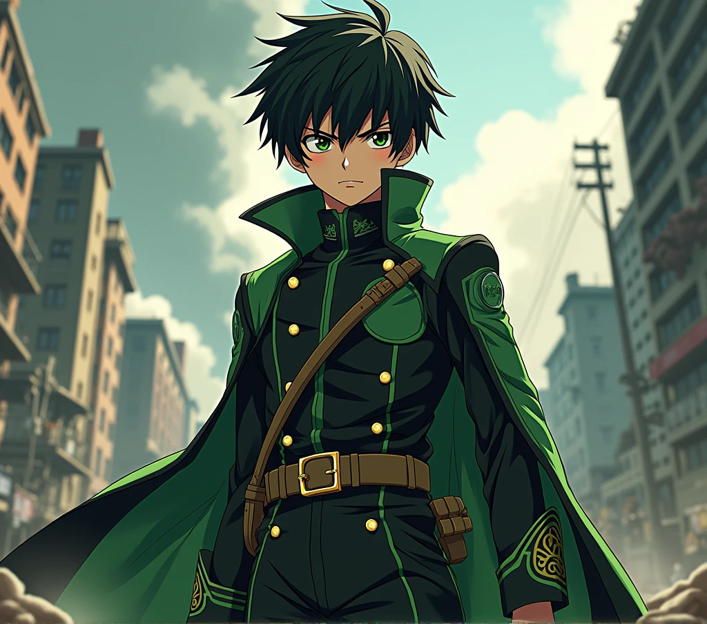 1 boy, teenager, black and green military clothing, character Yuichiro Hyakuya from the anime Owari No Seraph