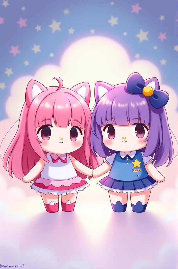 You can describe two Hello Kitty one with bangs and curly hair, with half pink hair and the other half purple 