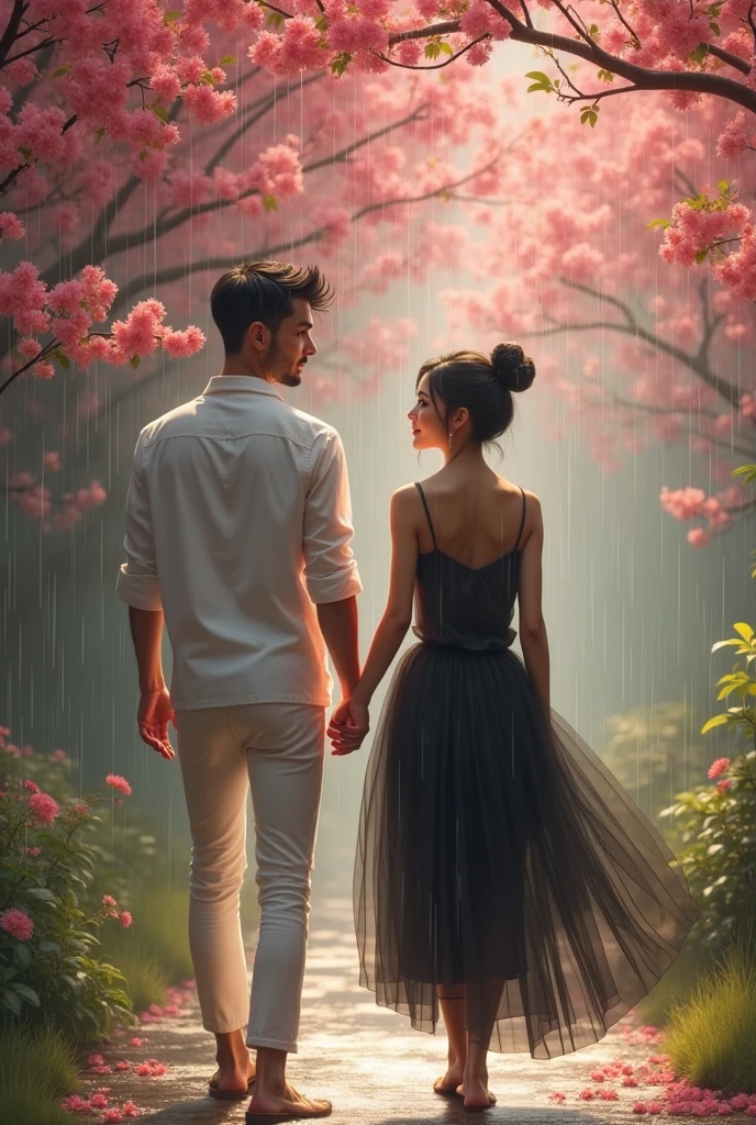 A white man, dark brown eyes, short black hair modern cotte, black beard, 5 feet 7 inches tall, wearing a white shirt and white pants, holding hands with a white woman, 5 feet 1 inch tall, SHORT BLACK CURLY HAIR, in a black tulle dress,barefoot, in the rain, in a field of pink flowers,Magic place, caminhando juntos