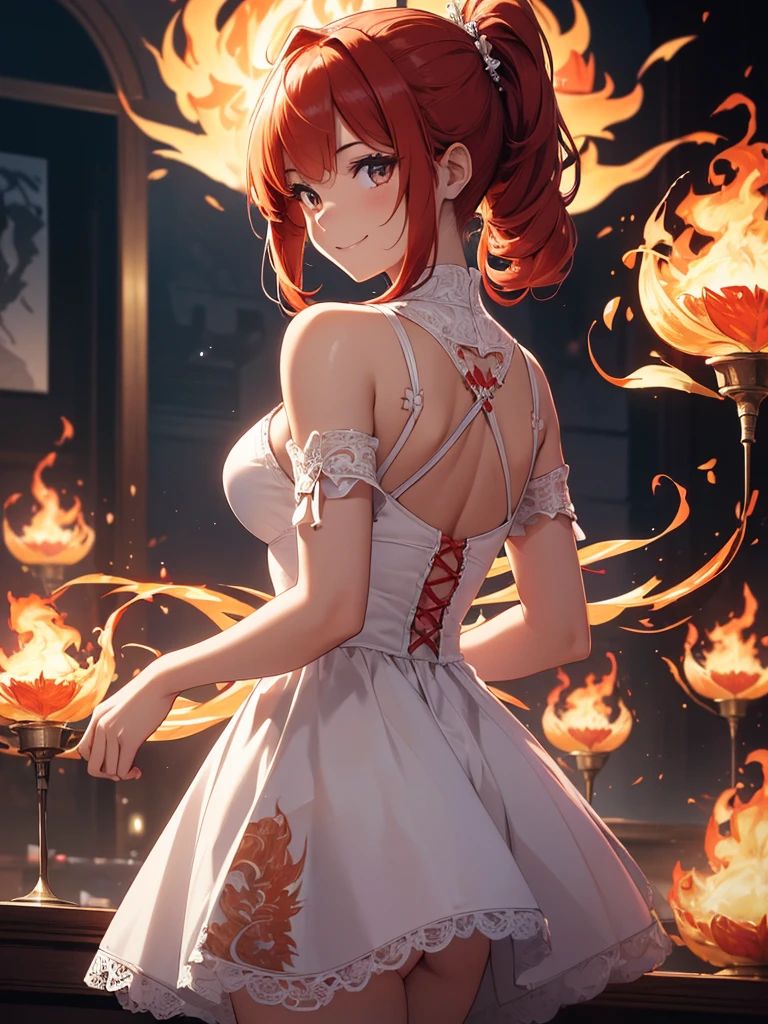 (((best quality, sharp image, clear image, cinematic lighting, 8k resolution, masterpiece, ultra detailed, intricate))) Girl, (((looking over left shoulder))), (shot from behind), ((shot from hip up)), fiery red hair, pigtails, ((white dress)), ((flaming sigils, flaming runes)), spiky rock formations, (flaming lotus flowers frame), (intricate background), ((Phoenix)), (swirling flames), smiling