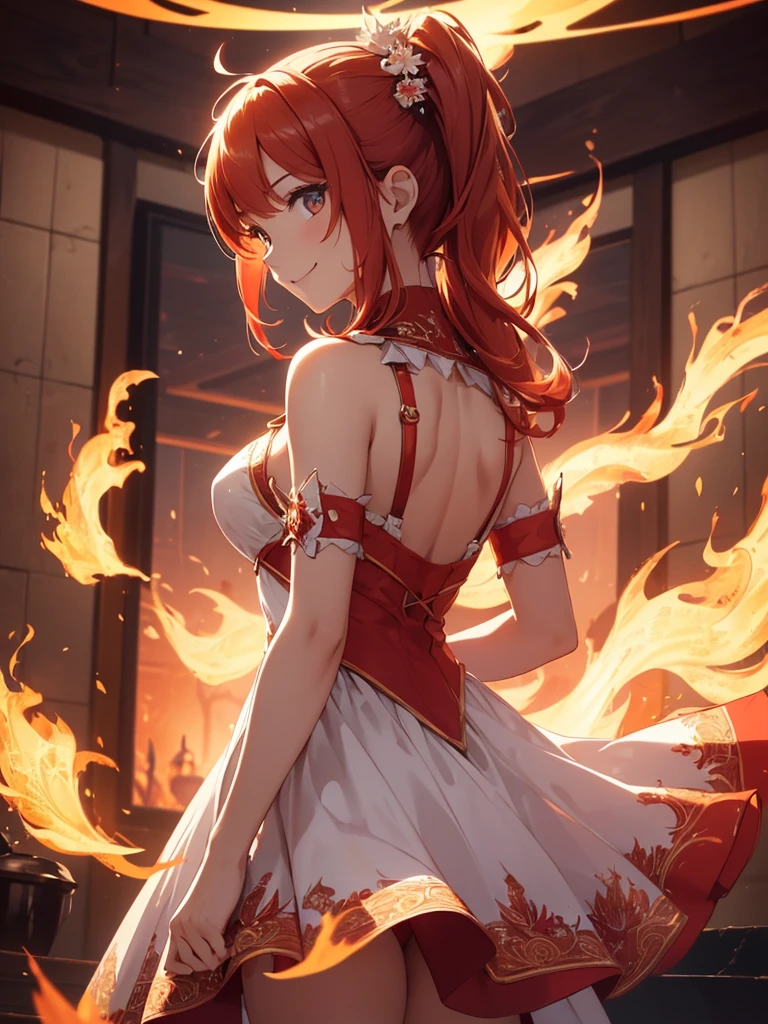 (((best quality, sharp image, clear image, cinematic lighting, 8k resolution, masterpiece, ultra detailed, intricate))) Girl, (((looking over left shoulder))), (shot from behind), ((shot from hip up)), fiery red hair, pigtails, ((white dress)), ((flaming sigils, flaming runes)), spiky rock formations, (flaming lotus flowers frame), (intricate background), ((Phoenix)), (swirling flames), smiling