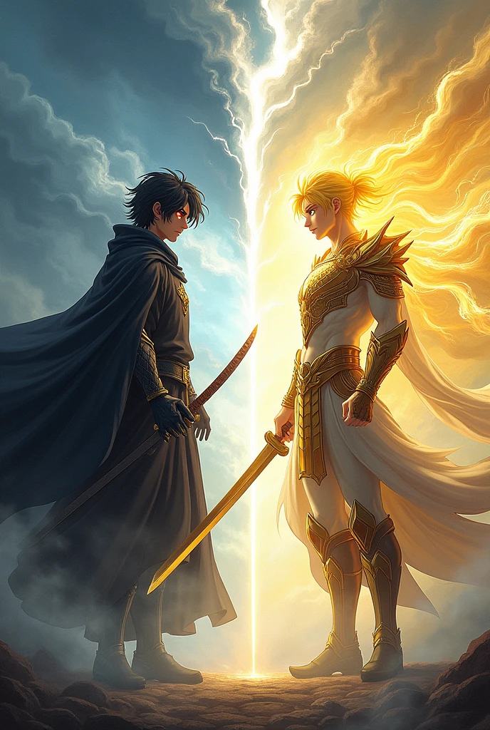 Two animated male characters (the first character is darkness and the second is light) facing off with katanas