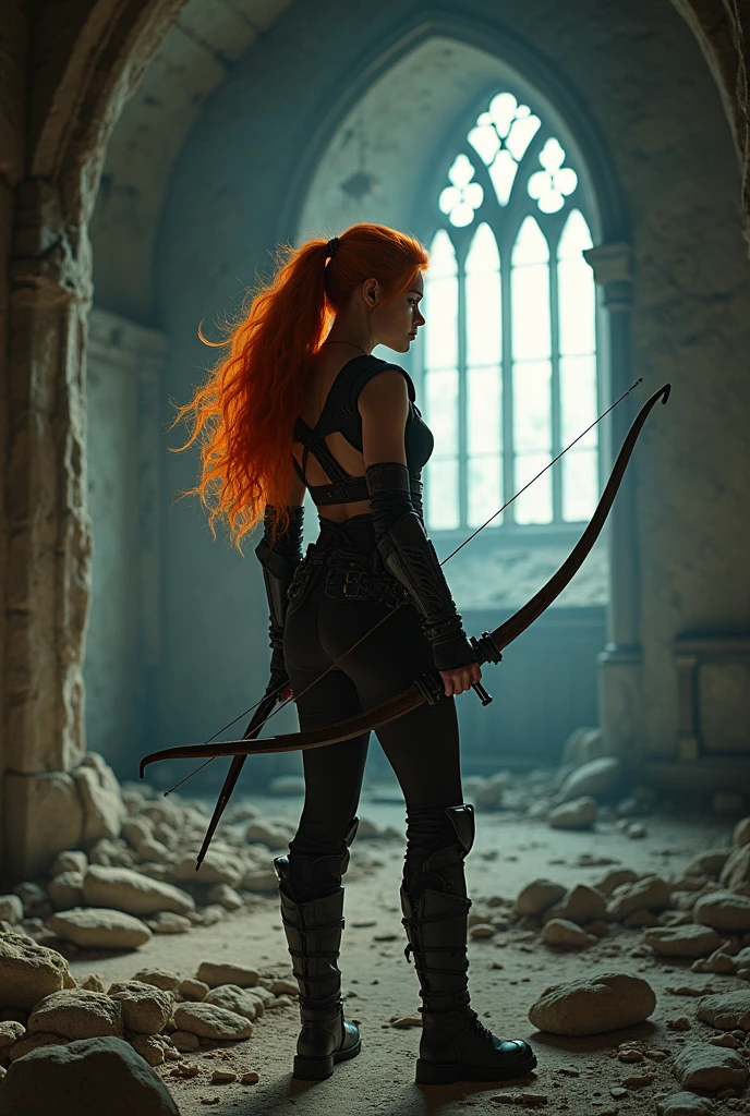 A red-haired archer in a zombie apocalypse in a church