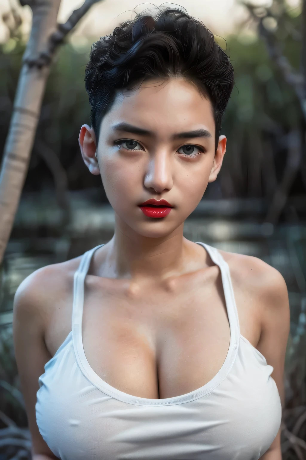 VIEW FROM SEDUCTIVE POSE, ((MY PUSSY)), ((DESERT MANGROVE SWAMP)), ((6x-UltraSharp)), ((SMALL HEAD)), ((NECK LACE)), Spread, (((SAD FACE EXPRESSION:1.1)), ((NECK LACE)), ((GOTHIC EYELASHES & LIPS)), ((LIPS)), ((MEN'S STYLE SHORTHAIRCUT)), adorable, 1 girl, (face to face), , baby face, happy, half body portrait, (face details: 1), (eye details: 1), ((big breasts)). ((Croptank)), ((net stockings)), Singlet, ((red lips)), (((NAKED SILVER))), ((NAKED GIGANTIC:1.45)).