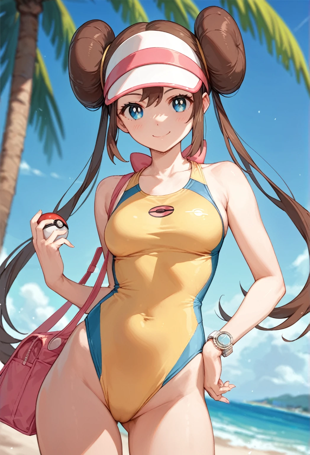 score_9, score_8_up, score_7_up, source_anime, Idealized Forms, Natural Light, details background, blurry background, extremely detailed, masuter piece, ROSA(pokemon) ,Best Quality, top-quality, The best lighting, ​masterpiece, Hair buns, blue eyess, Twin-tailed, Visor Cap, (Yellow competition swimsuit:1.2), Pink ribbon, wrist watch, Standing, deph of field, pokeball \(basic\), A smile, (Beach background:1.5), pleasant sunny sky, 1girll, cowboy shot, Anime style