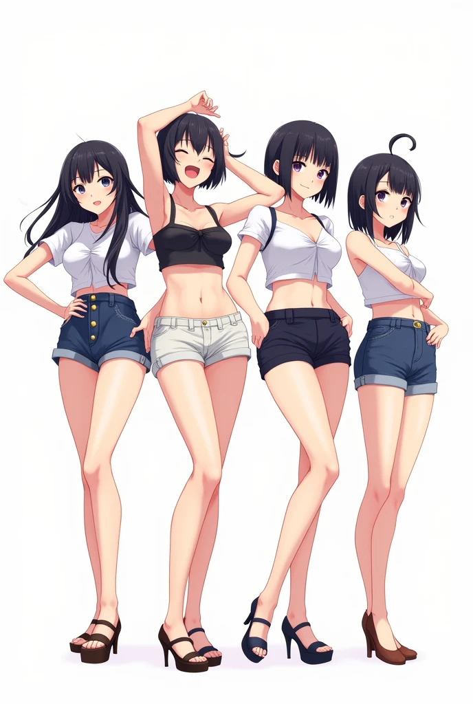 4 anime girls full body, very attractive, very stylish, Different heights among them, they are separated from each other with cute poses ,they wear short shoulder-length black hair, They wear very short shorts, They wear very short blouses, They wear high heels, They are of different ages, white color background, realist anime.