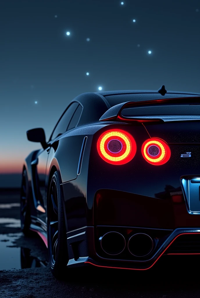 4k picture of a nissan gtr car at night up close and slightly tilted upward on the back lights slighty closer even closer