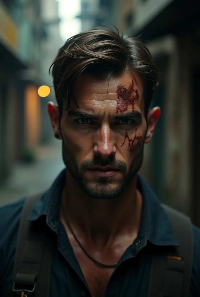 a character with a scarred face, straight brown hair, thick eyebrows and a predatory gaze, eyes black...with an ironic smile, a male character

