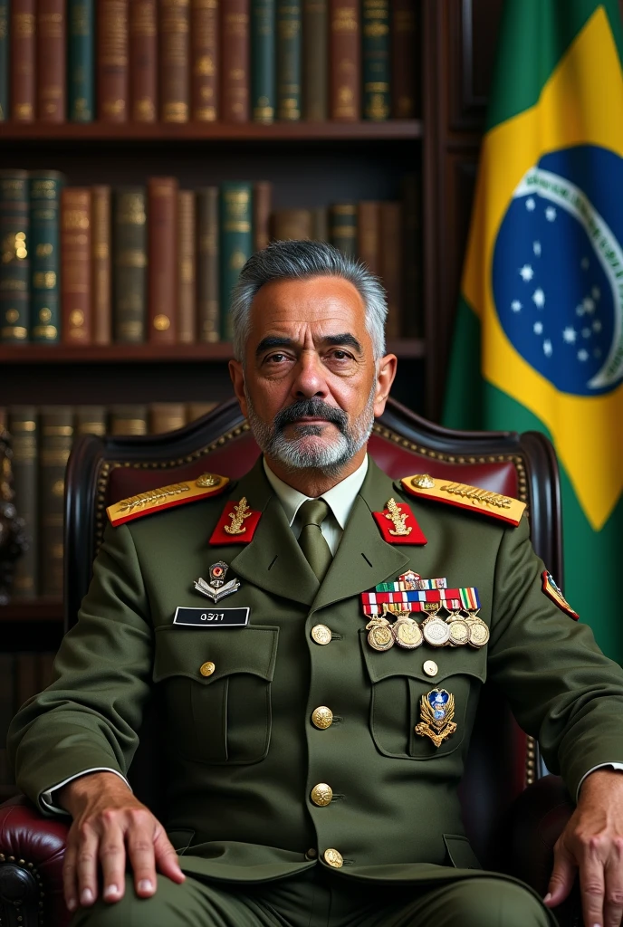 A realistic and detailed portrait of a Brazilian Army Colonel in his 40s, with black and gray hair on the sides, and a scar crossing the eye. He is wearing a high-ranking olive green uniform of the Brazilian Army officer, adorned with medals and decorations. The background features an office of the Brazilian Army, with books and Brazilian flags, integralists and fascist, He is a realistic coat of arms, which contributes to the atmosphere of authority and respect. The veteran is sitting in a comfortable armchair, exuding wisdom and strength, and looking like a respected and esteemed leader