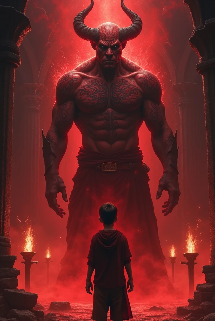 A boy front of demon king with red colour