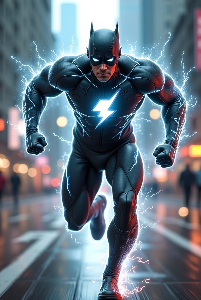 Give me an image of a superhero with the superpower of super speed and his suit is gray and black and in an animated version and lightning effects that has a lightning emblem on his chest and lightning decorations on his hands and feet now that mask and that he is dark skin color 
