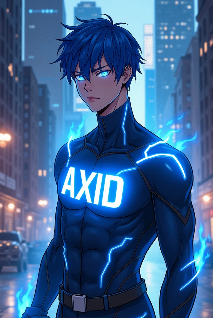 A anime boy with super power, his name "AXID" is written in style on his outfit. He is a cool super hero, blue flame coming from his eyes,he looks attractive in anime stylish hair.