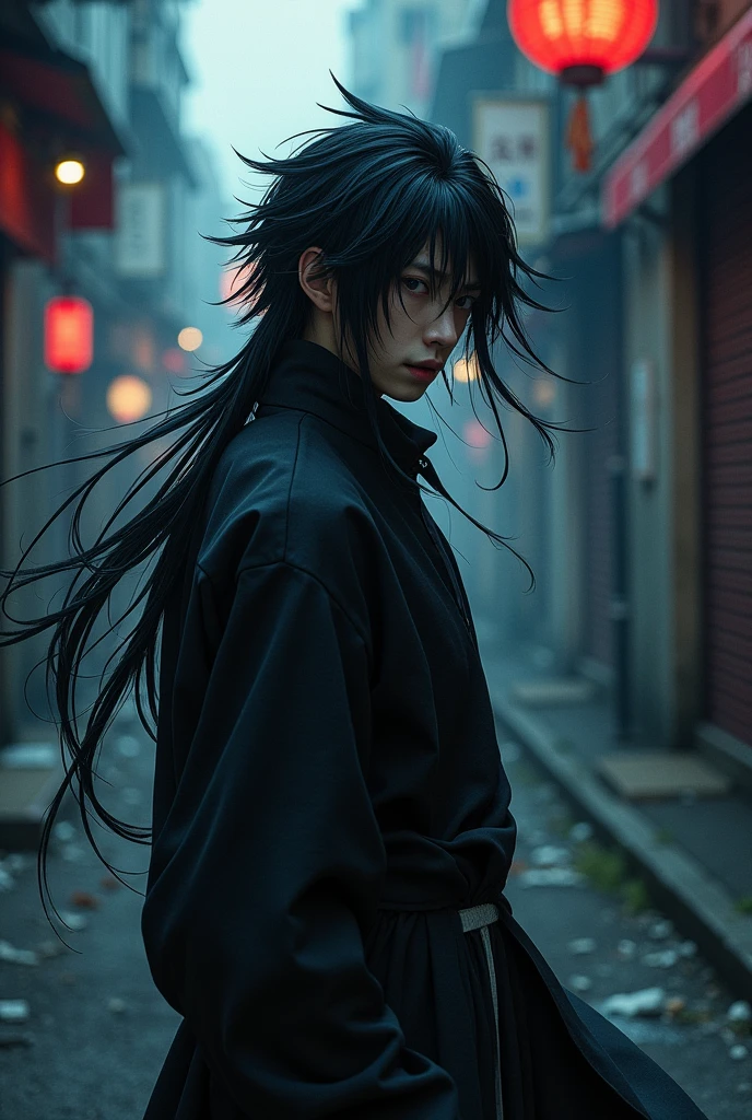 Male character long hair bangs that cover the eyes hair color black and white from jujutsu no kaisen