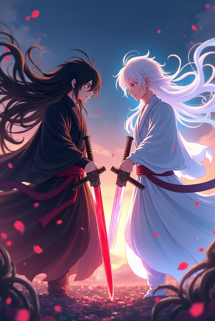 Two animated male characters (the first character is darkness and the second is light) facing off with katanas