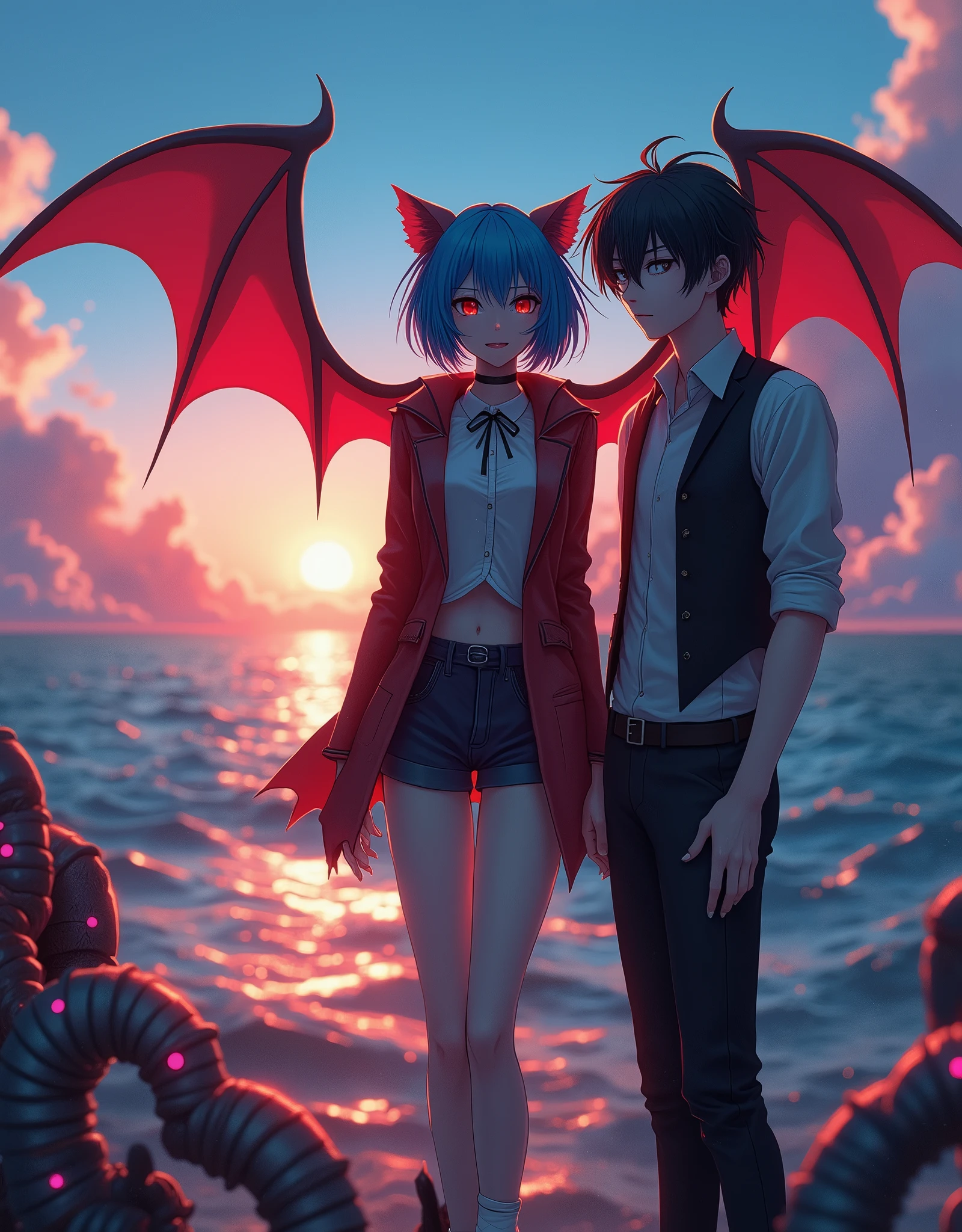 unparalleled "Tiny Waist" miling minchen (((remilia scarlet))), (bat wings), (vampire), short hair, (((blue hair))), ((standing)), ((((face close up)))), ((jacket, taut shirt)), evil smile,, sunset, a unparalleled young man with long black hair and a vest on insane nsfw standing in front of the ocean with a blue sky, (1girl:0.955), (bangs:0.575), (black eyes:0.572), (black hair:0.709), (blue sky:0.985), (closed mouth:0.536), (cloud:0.927), (day:0.980), (horizon:0.816), (japanese clothes:0.511), (lips:0.764), (long hair:0.775), (looking at viewer:0.811), (nose:0.534), (ocean:0.950), (outdoors:0.734), (realistic:0.814), (sky:0.988), (solo:0.937), (upper body:0.557), (water:0.600), aburdes, balanced eyes, (insane Best quality details:1.2),ultra realistic,8K ultra High definition,Ultra Detailed,ultra High quality texture,intricate details,ultra highdef detailed texture, finely detailed, ultra high detail, extremely detailed high quality texture cg, ultra high quality shadowasterpiece,max best quality, insane illustrations, ultra-detailed 16K, ultra realistic, clear focus, ultra highly detailed, professional lighting, dslr colorful details, iridescent colors BREAK factory super long lens, large mechanical robot structure, microchips, computers, luminescence, intricate details, Shitu-Mecha, (navel), (huge breasts:1.2), (green bikini:1.4), blonde hair, short hair, full body, physically-based rendering,professional,studio sunlighting,extreme detail description,nsfw,massif high saturate.varies,multi,etc. --v 6 --s 1000 --c 20 --q 500 --chaos 100