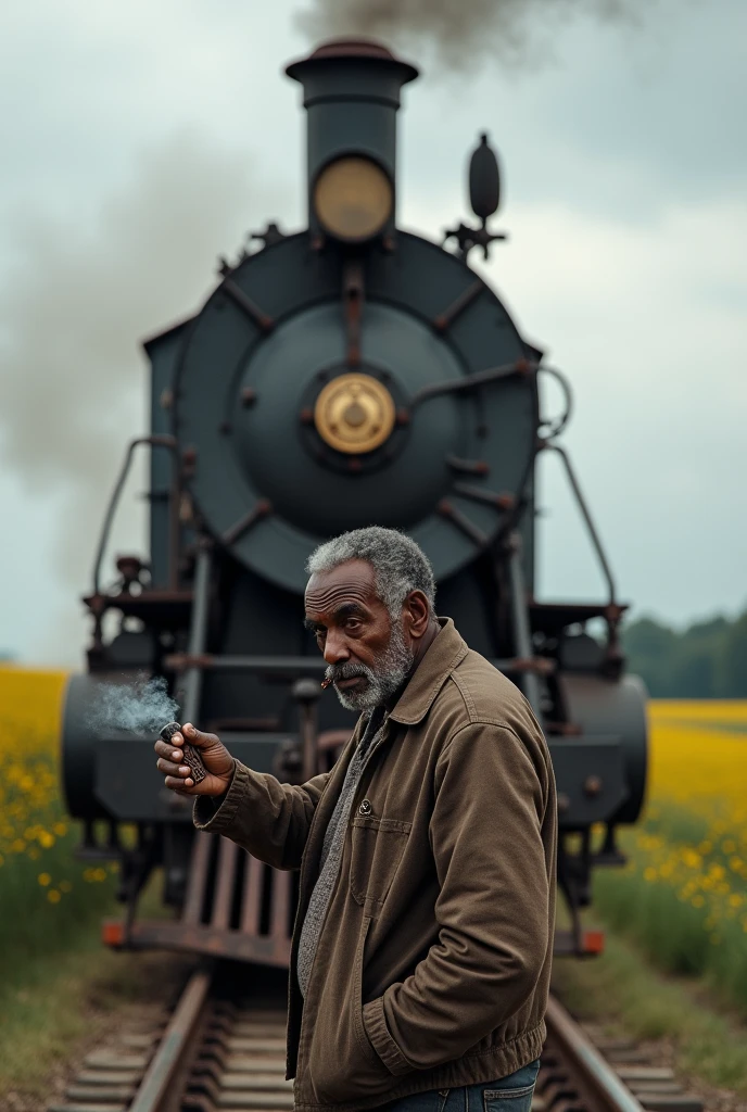 Locomotive stopped working with a man in front with a pipe in his mouth, dark-skinned man, 55 years old
