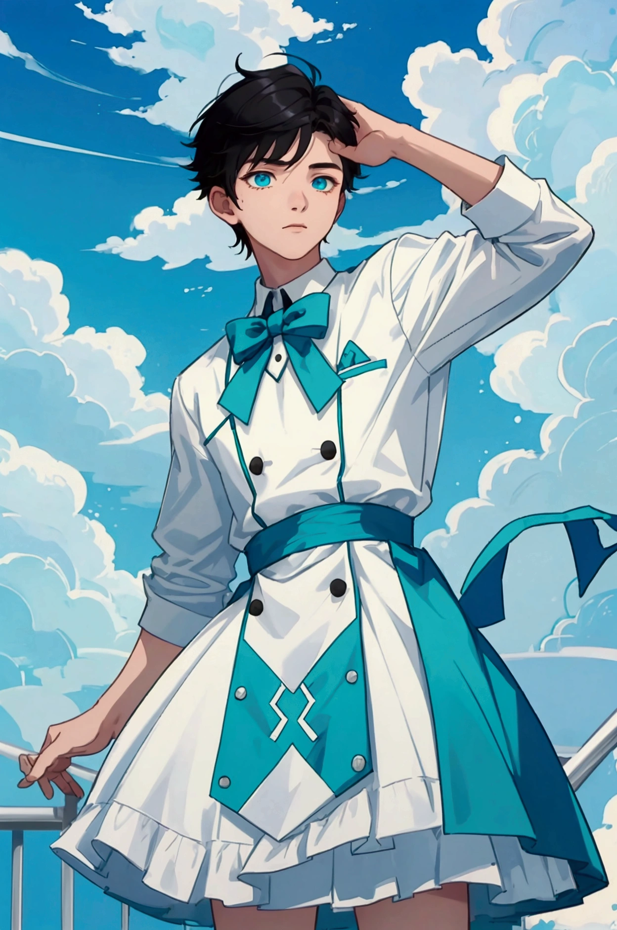  boy (19 years old) ( 1 person ) , wear a dress (male high school student)  ,  short hair (white ) , eye ( turquoise )  , 