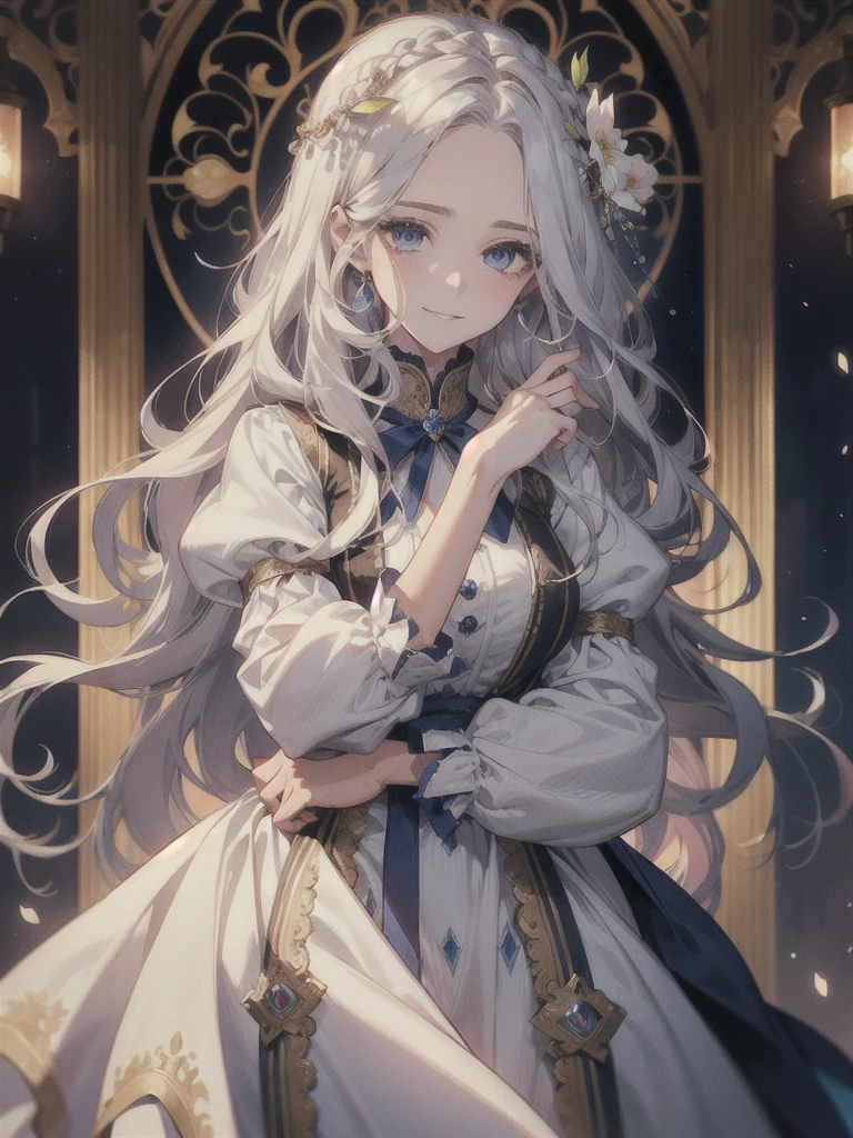 ((Highest quality)), ((masterpiece)), (detailed), Detailed face、Faintly shiny white hair、Long Wavy Hair、curly hair、The forehead is protruding、Curly long hair、Lapis Lazuli Eyes、Aristocratic Dress、clear、Pitiful、One person、beautiful girl、human、One person、flower, Smile、Pink Dress、middle ages、One person、Long dress、Ribbon hair ornament、light blue