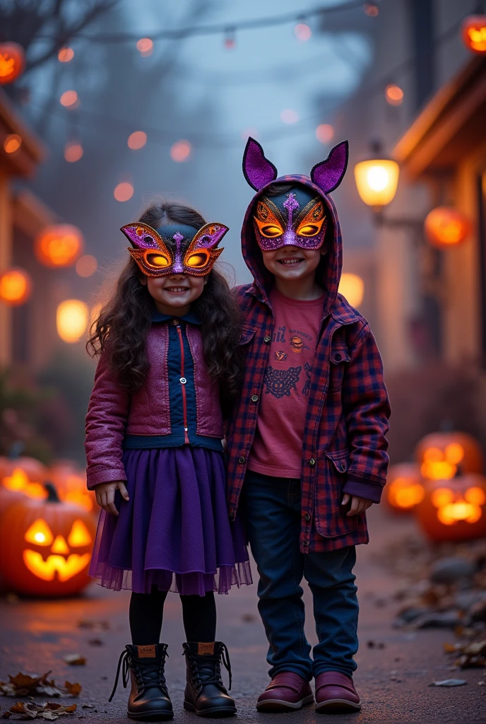 halloween, brunette girl and boy with mask
