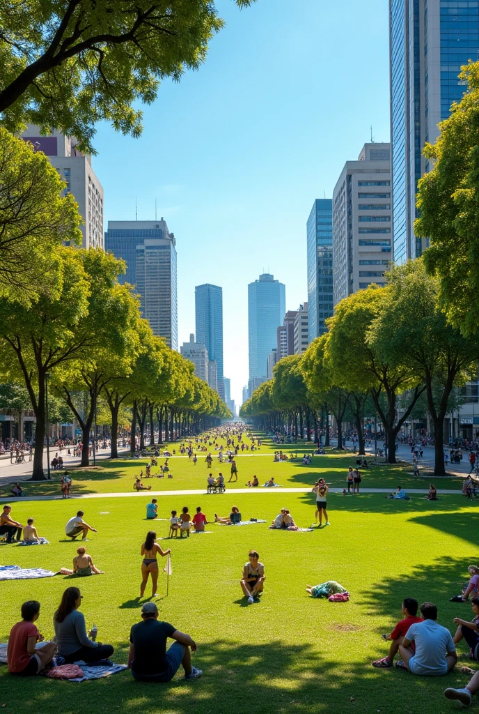  Imagine a scene in Goiânia with a wide tree-lined avenue and modern buildings in the background. In Vaca Brava Park, People walk, ride bikes and have picnics. A group plays guitar and sings sertanejo, while cerrado flowers, like the yellow ipês, beautifying the environment. The blue sky and the birdsong create a cheerful and relaxed atmosphere, reflecting the Goian hospitality.