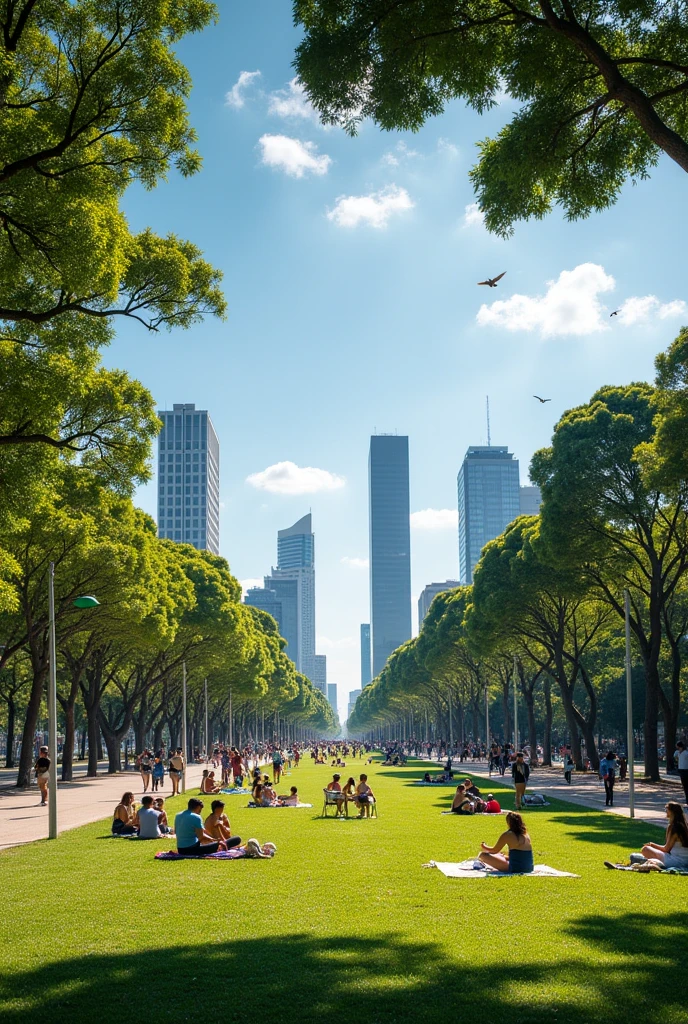  Imagine a scene in Goiânia with a wide tree-lined avenue and modern buildings in the background. In Vaca Brava Park, People walk, ride bikes and have picnics. A group plays guitar and sings sertanejo, while cerrado flowers, like the yellow ipês, beautifying the environment. The blue sky and the birdsong create a cheerful and relaxed atmosphere, reflecting the Goian hospitality.