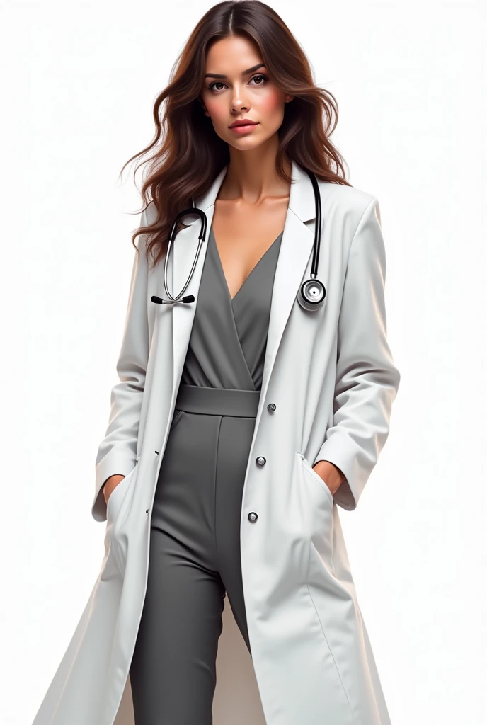 a brunette woman with a white doctor's coat, jumpsuit and dress and a stethoscope around her neck, digitl art, white background