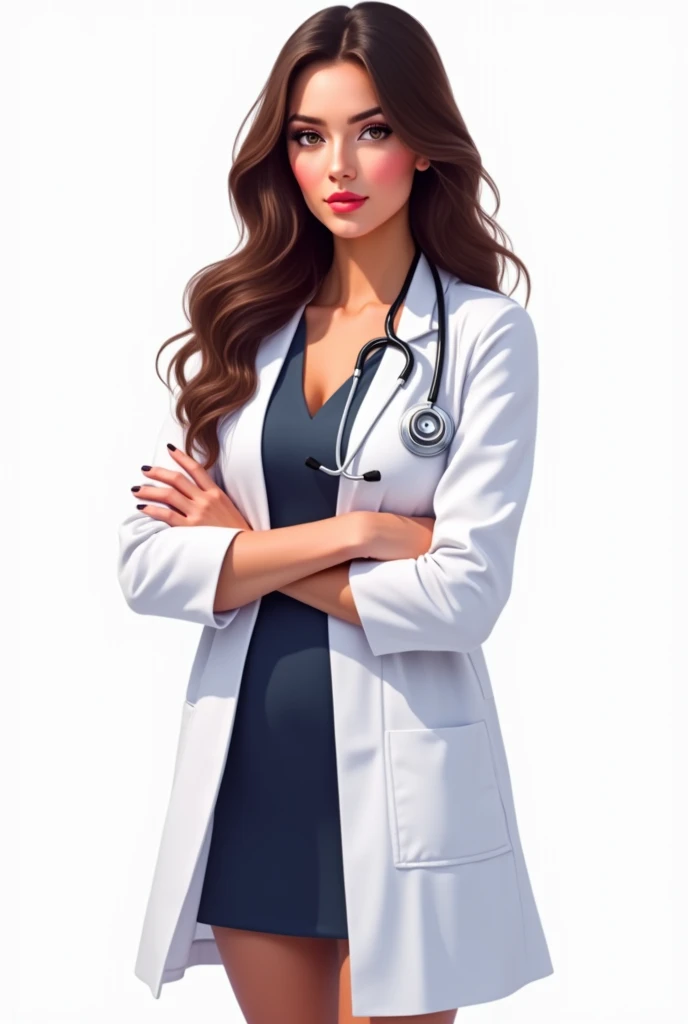 a brunette woman with a white doctor's coat, jumpsuit and dress and a stethoscope around her neck, digitl art, white background