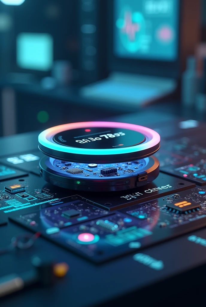 Patent design illustration of a futuristic portable medical device inspired by a Star Trek tricorder. The device is circular in shape, featuring a sleek, modern aesthetic with a touchscreen display at the front. The exploded view showcases three distinct layers: The first layer is an exchangeable facelift with a circular RGB LED ring surrounding the display. The second layer contains the mainboard circuit, intricately detailed with visible components and connections. The third layer reveals 8 optical sensors arranged symmetrically, all facing downward for scanning functionality. The design is versatile, showing the device as wearable (pendant, smartwatch) and as a key-chain accessory. Rendered with a focus on high-tech, minimalistic elegance, in a style that highlights its potential uses in various forms