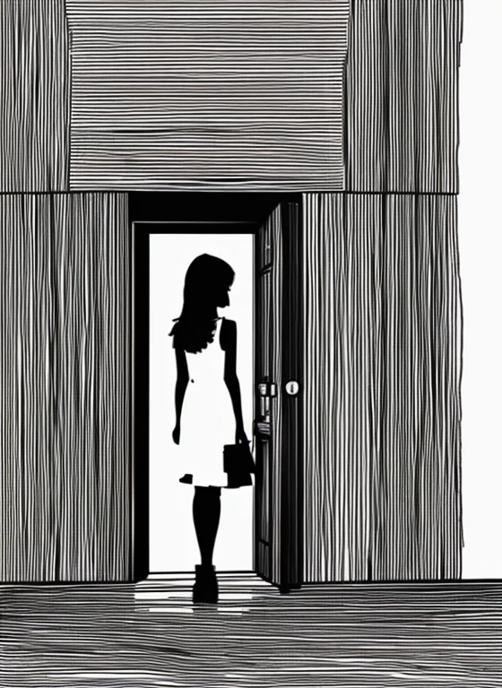 A painting of a girl in a dress standing in front of a door.、masterpiece,Highest quality,One person,Line art,