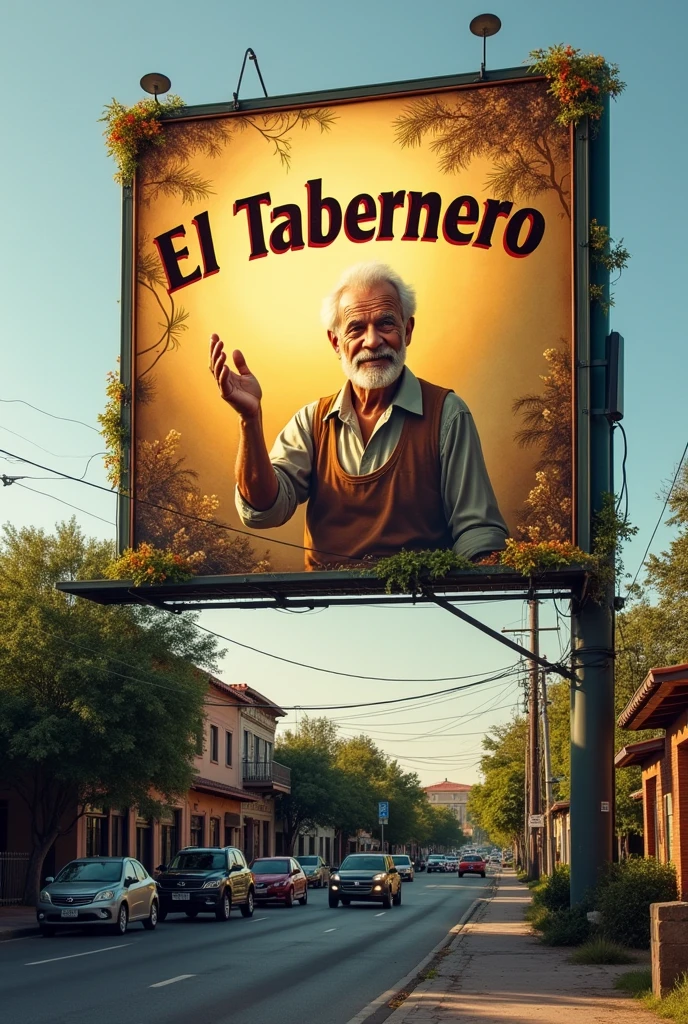A billboard advertising a place called El Tabernero, with a trusted old man in the middle.