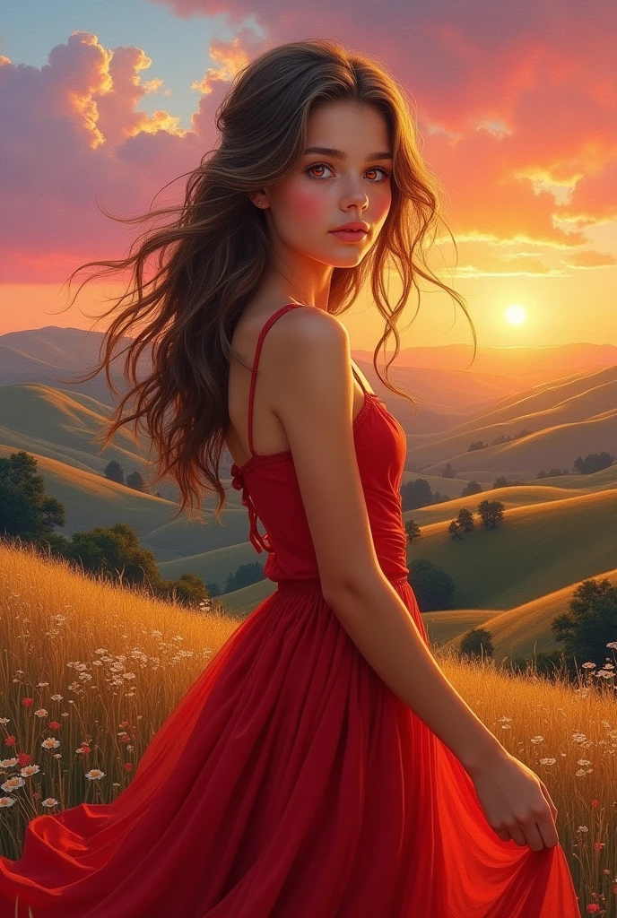Image of a painting canvas with a beautiful landscape in the background, and in front the very pretty and attractive face of a age girl with long wavy brown hair and red eyes. Your skin color is light tan. Remember that because it's a painting, it has to have paint texture. The outfit she is wearing is a fancy dress in red and white colors., red being the same color as your eyes. Her breasts are large, but not so much.