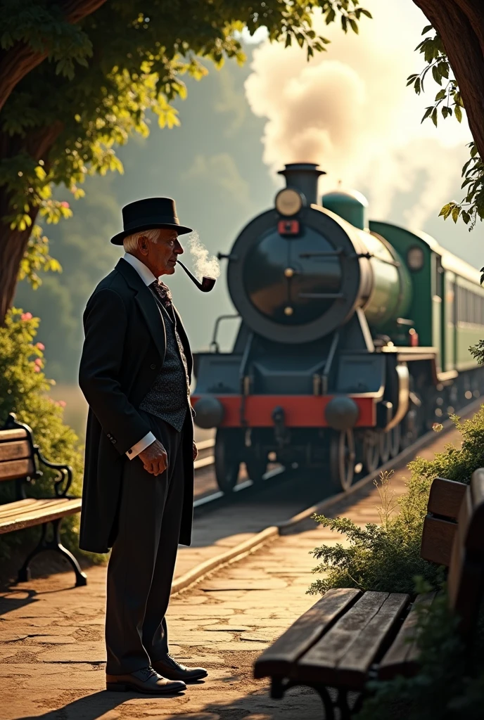 Stopped locomotive running with an elderly gentleman in front with a pipe in his mouth, dark-skinned man of 55 years old, wearing period clothing.
