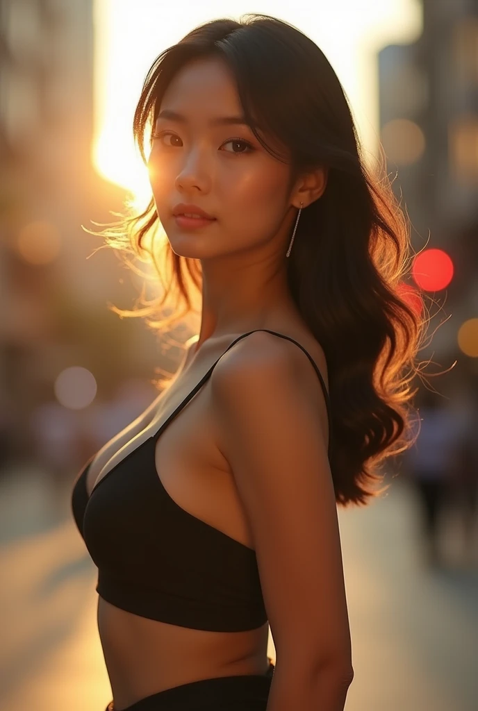 Gorgeous asian female with big breasts and deep brown eyes with super smooth skin, use natural lightings and colours, cinematic lightings