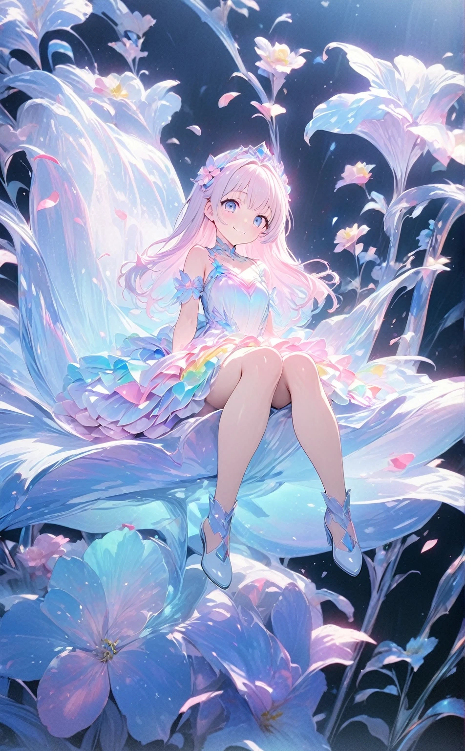Symmetrical up and down，Daughter，princess dress with petal skirt,Full body,flowers bloom，（Very detailed:1.1），masterpiece，Super fine，best quality，8K,(best quality,4k,8k,highres,masterpiece:1.2),1girl,(minigirl sitting on top of a giant flower),smiling on_flower,ultra-detailed,delicate,pastel color palette,ethereal atmosphere,peaceful,serene,vividly colored blossoms,transcendent beauty,awe-inspiring artwork,face focus,anime illustration 