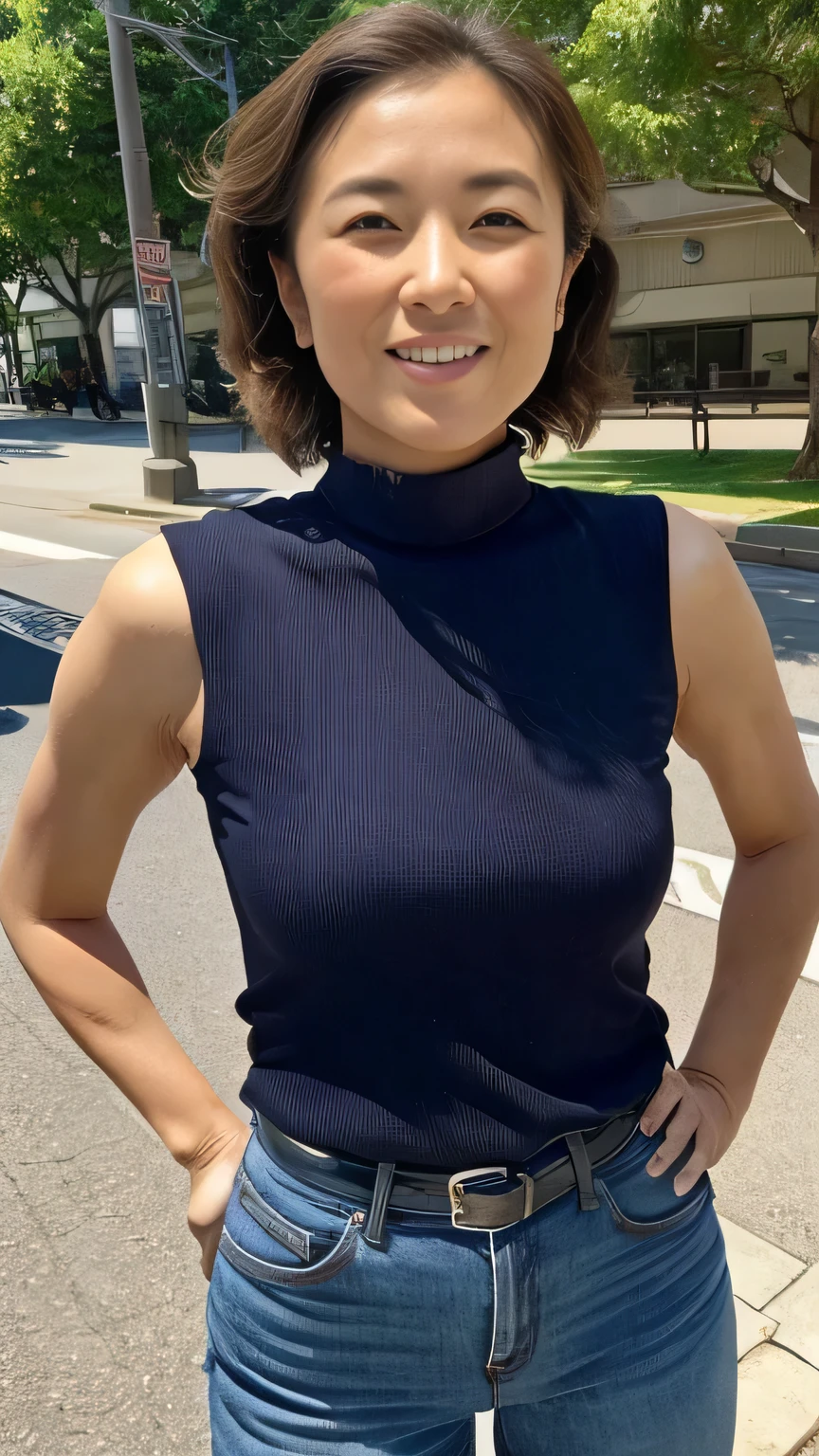 (Tabletop, Highest quality), Japanese woman in her 40s, Sleeveless turtleneck top with details, Belted jeans, necklace, Wavy Hair, Perfect Face, Beautiful Face, Charm, Big beautiful eyes, Open your mouth, Happy, Perfect slim fit body, (Plein Air), City streets, Bright colors、Full Body Lesbian、