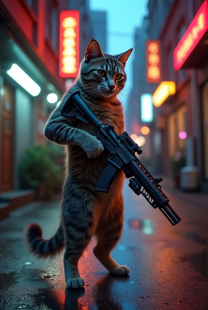 Cat with muscles and gun