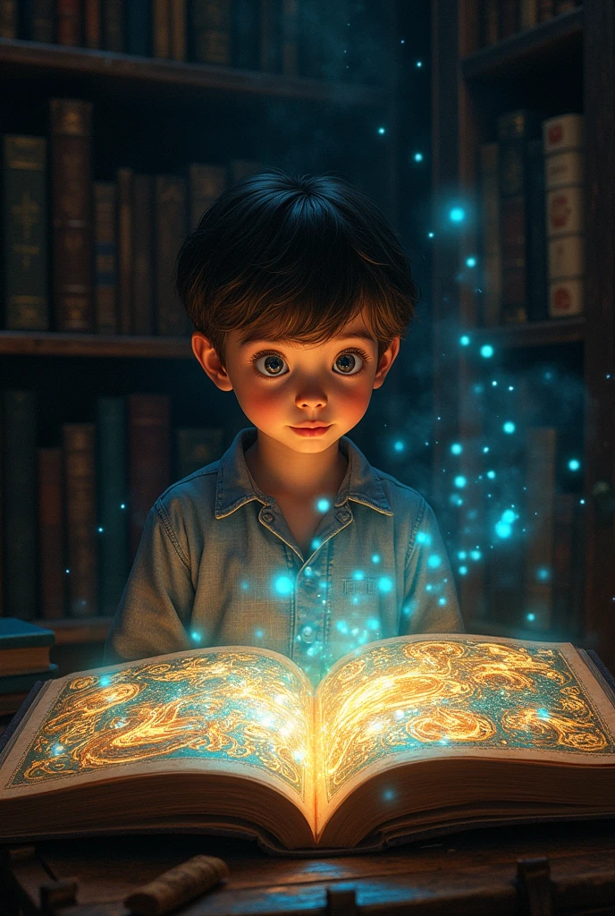 A boy and he have a magical book and the book glowing and the boys expression wow