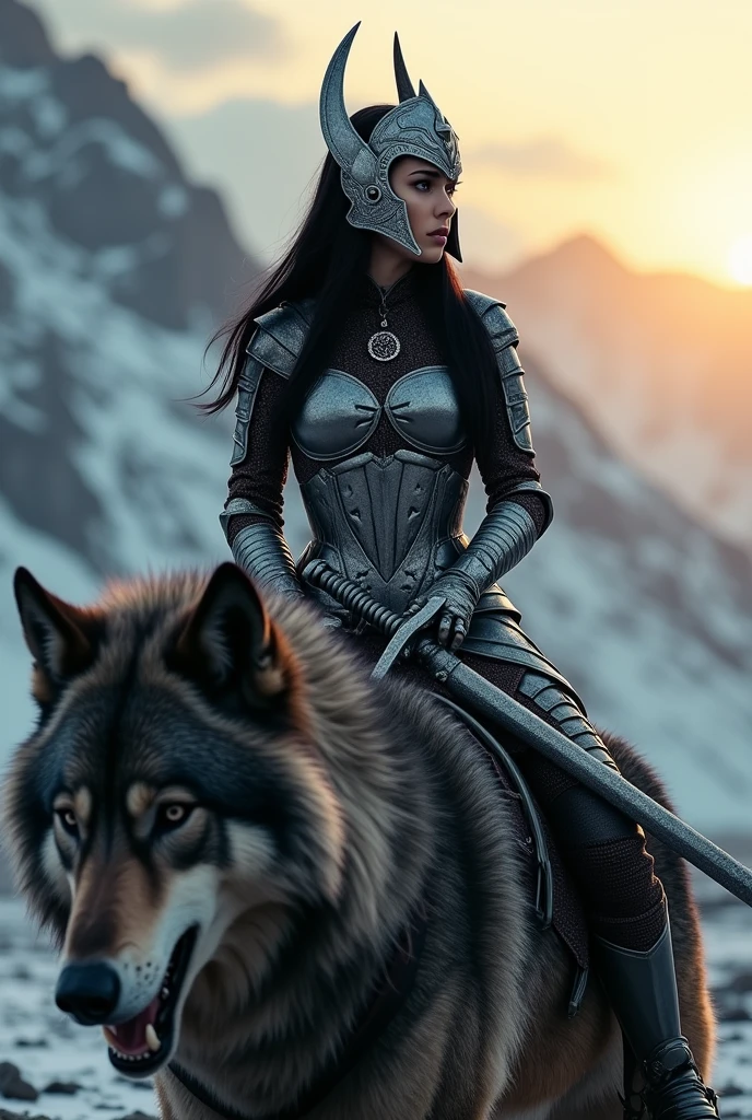 Nordic woman with black hair, dressed in a corset-shaped armor and a skirt made of armor, wearing a Valkyrie helmet, holding a sword riding a giant angry wolf, in the mountains at sunset