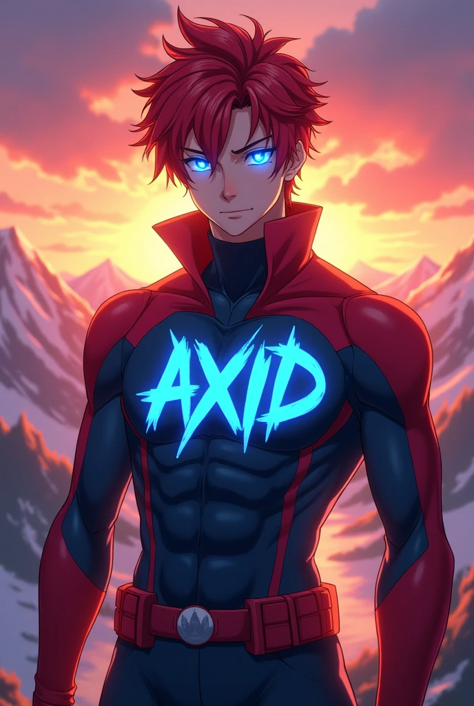 A anime boy with super power, his name "AXID" is written in style on his outfit. He is a cool super hero, blue flame coming from his eyes,he looks attractive in anime stylish haircolour is Red. In its background mountain with sun rise is there in japan