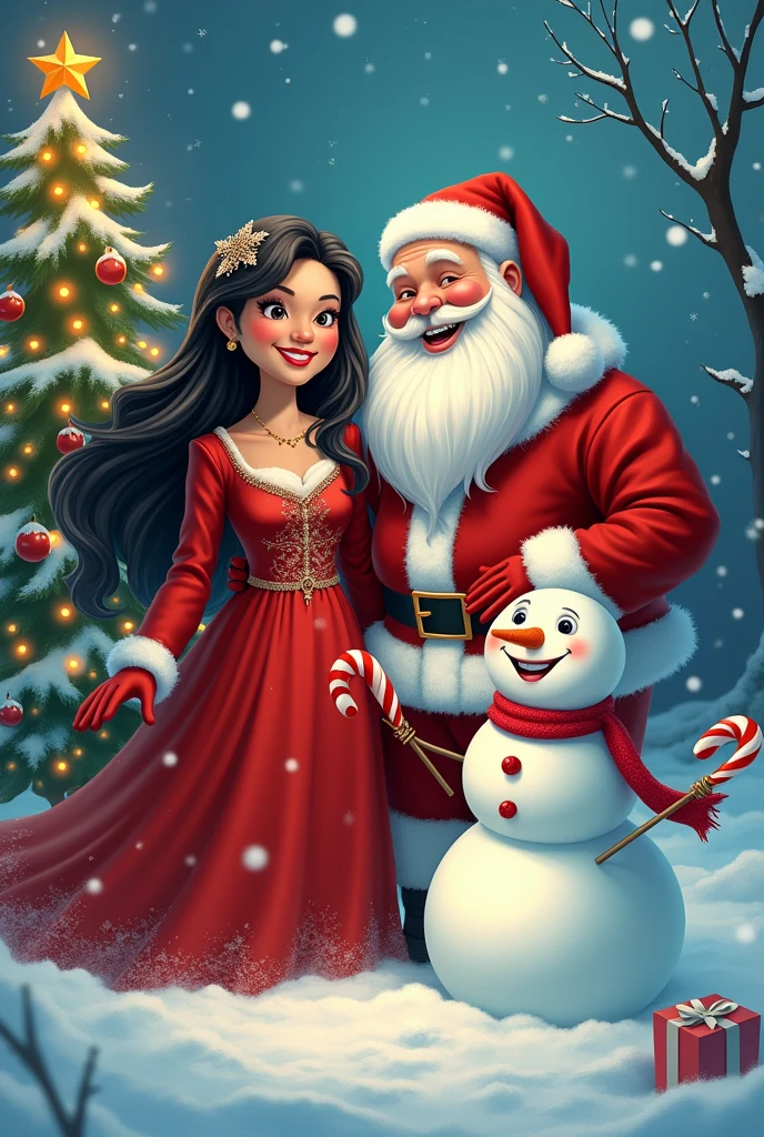 Santa Claus with his chubby wife black hair candy canes snowman snowflakes Christmas tree 
