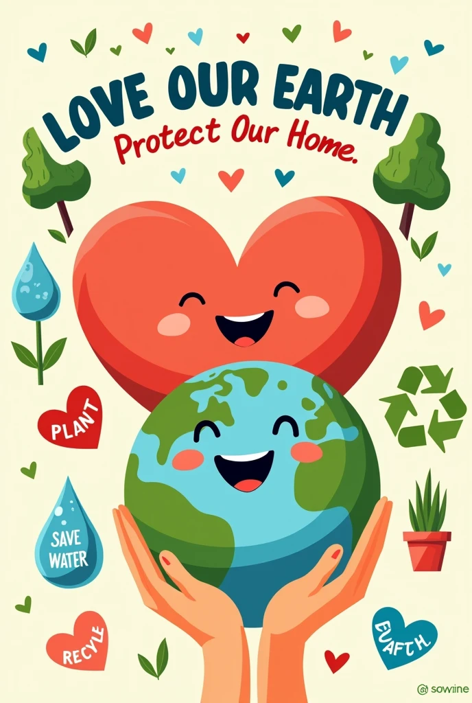 **Poster Title: "Love Our Earth, Protect Our Home"**
1. **Central Image:** Draw a large heart in the center of the page with Earth inside the heart. Make Earth look happy by giving it a smile.
2. **Around the Heart:**
- On the top left, draw a small tree to represent planting trees.
- On the top right, draw a water drop to symbolize saving water.
- On the bottom left, draw a recycling symbol for reducing waste.
- On the bottom right, draw a pair of hands holding the Earth to show care and protection.
3. **Text:**
- Above the heart, write the title "Love Our Earth, Protect Our Home."
- Next to each small drawing, write a simple phrase like "Plant Trees," "Save Water," "Recycle," and "Care for Earth."
4. **Coloring:**
- Use green for the tree and Earth’s land areas.
- Blue for the water drop and Earth’s oceans.
- Red or pink for the heart.
- Bright and cheerful colors to make the poster visually appealing.