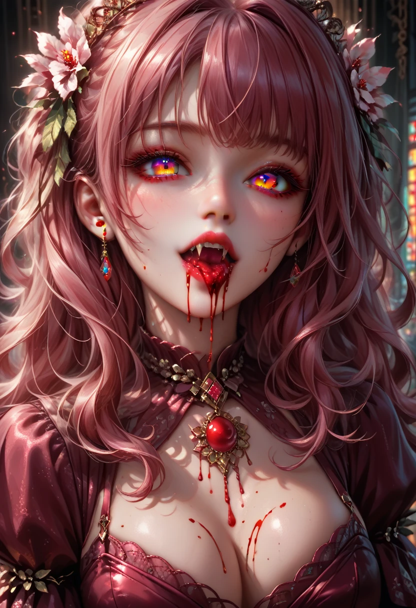 a portrait of a female vampire eating a (bloody cherry: 1.3), an exotic exquisite beautiful female vampire, dynamic hair color, wavy hair, dynamic eyes color, (glowing  eyes: 1.1), intense eyes, wearing glamour silk dress, intricate detailed dress, dynamic color dress, dynamic style dress, (eating  a large cherry soaked with blood: 1.3), blood dripping from the cheery,  whipped cream,  dark fantasy pastry shop background,  vibrant, Ultra-high resolution, High Contrast, (masterpiece:1.5), highest quality, Best aesthetics), best details, best quality, highres, 16k, [ultra detailed], masterpiece, best quality, (extremely detailed) RAW, (ultra details, Masterpiece, best quality),   Dark Art Painting Style, Intense gaze, blood, Cinematic Hollywood Film, art by mooncryptowow
