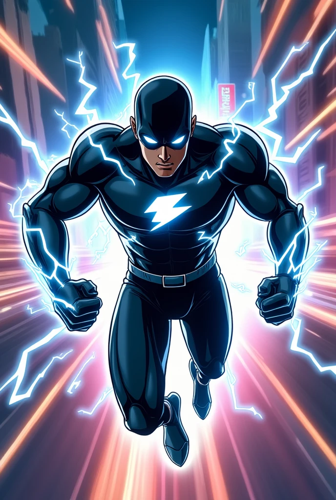 Give me an image of a superhero with super speed superpower and his suit is gray and black and in animated version and lightning effects that has a lightning emblem on the chest and lightning decorations on his hands and feet now that mask and that is black skin color and that is anime version, and that it has antifraz