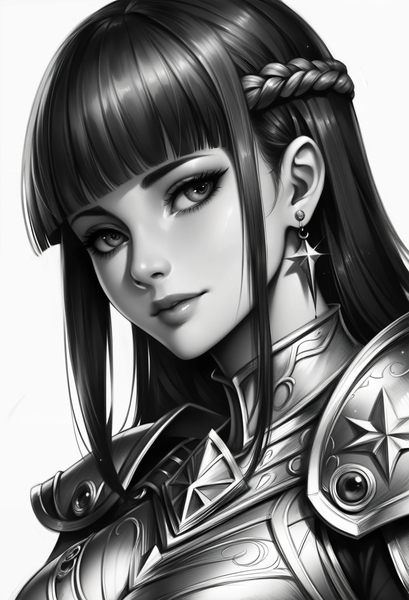 score_9, score_8_up, score_7_up, 1girl, sp1t, masterpiece, best quality, high quality, detailed clothes, detailed, monochrome, sketch, abundant detailed hatching shading, sketch, monochrome, large breasts, white background, earrings, knights armor, straight hair, blunt bangs,
